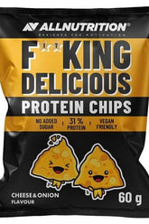 Allnutrition Fitking Delicious Protein Chips Cheese & Onion flavor, vegan-friendly, high protein snack with no added sugar.